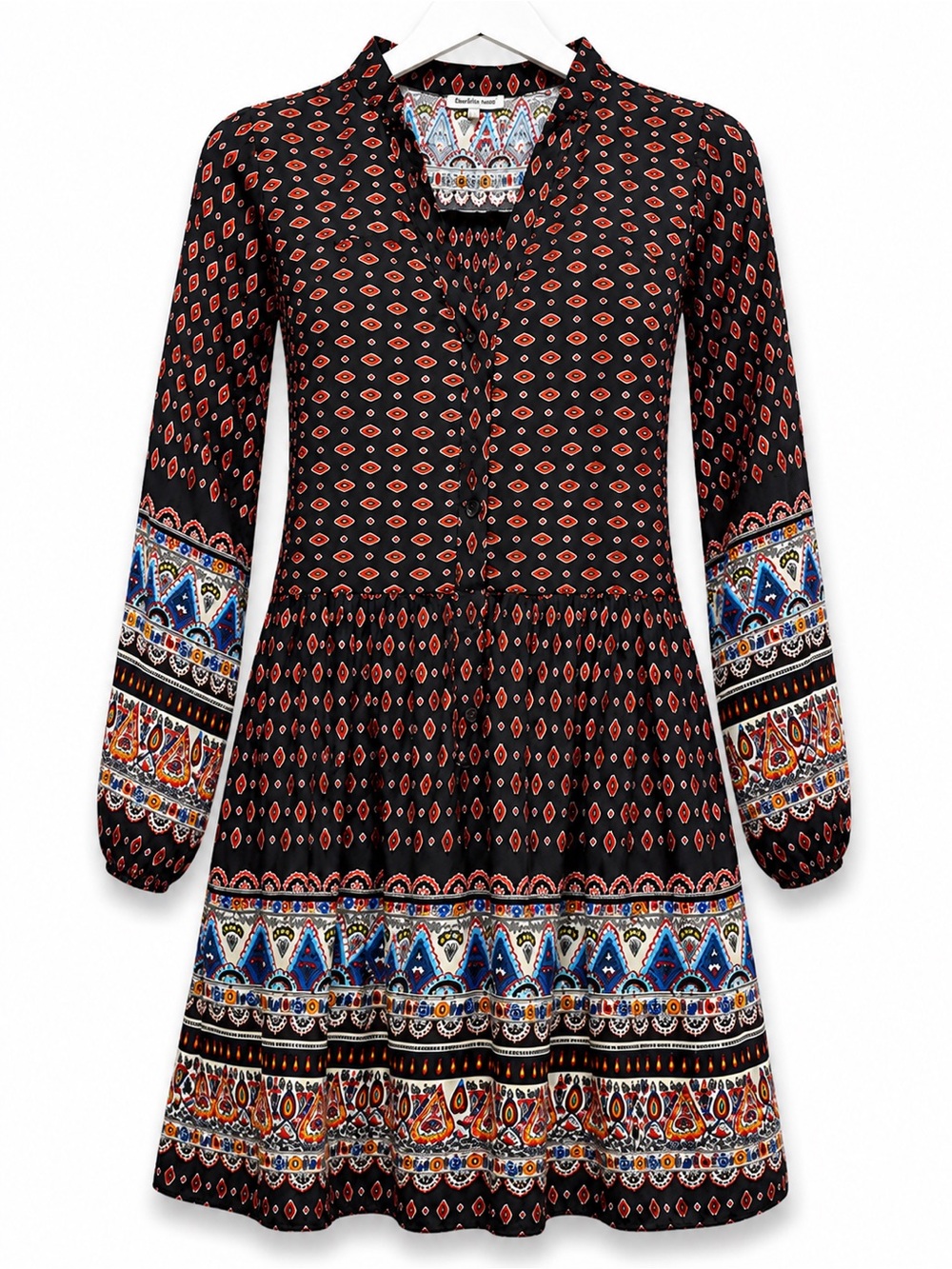 Boho Printed Long Sleeve Mini Dress in Black and Red